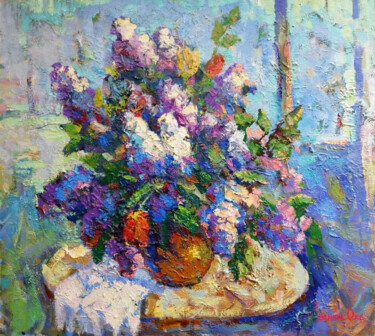 「Lilac bouquet」というタイトルの絵画 Oksana Ivanyukによって, オリジナルのアートワーク, オイル ウッドストレッチャーフレームにマウント