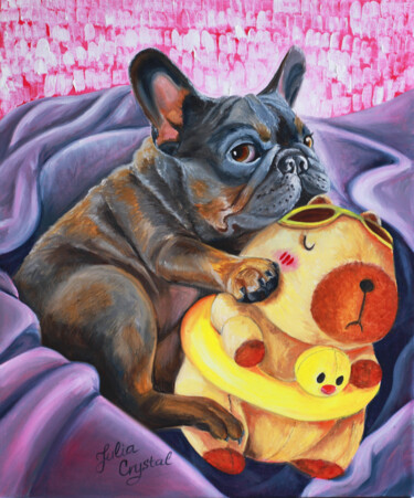 French Bulldog hugs Capybara toy. Dog portraits. Painting titled "French Bulldog hugs…" by Julia Crystal, Original Artwork, Oil Mounted on Wood Stretcher frame