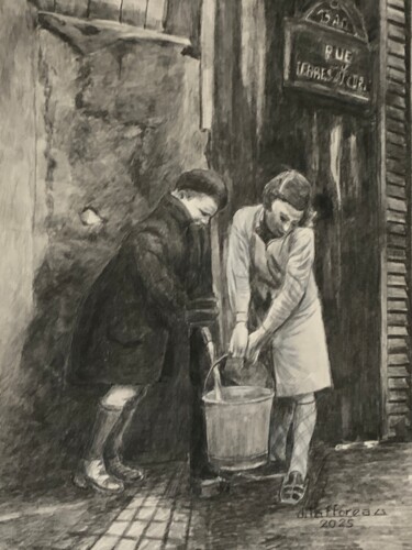 Painting titled "CORVÉE D’EAU À LA F…" by Jacques Tafforeau, Original Artwork, Watercolor