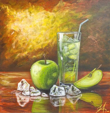 ,,Still life with apple juice,, Schilderij getiteld ",,Still life with a…" door Alexsandra Komandrovskaya, Origineel Kunstwerk, Acryl Gemonteerd op Frame vo…