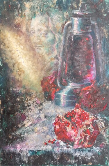 Pomegranate juice. Leonardo da Vinci. Light. Pomegranate. Te Pittura intitolato "Pomegranate juice.…" da Allen Light, Opera d'arte originale, Olio Montato su Telaio per barella in legno
