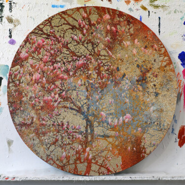 Painting titled "Awakening golden pi…" by Karin Vermeer, Original Artwork, Acrylic Mounted on Wood Panel