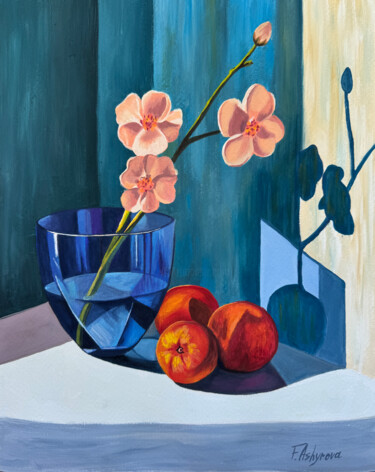 A branch of peach blossoms in a glass goblet with peach Schilderij getiteld "A branch of peach b…" door Fatimie Ashyrova, Origineel Kunstwerk, Gouache