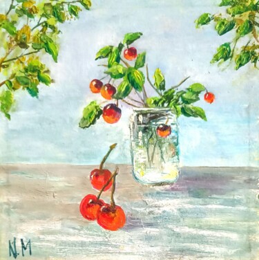 “Summer in a Glass Jar” – cherry painting, summer still life Painting titled "“Summer in a Glass…" by Natalia Malicka (ARTPOSITIVE / ARTPOZYTYW), Original Artwork, Oil Mounted on Cardbo…
