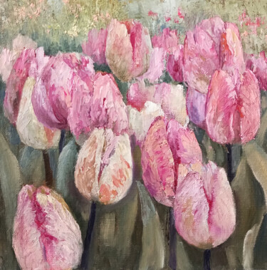 Картина под названием "Pink Tulip Flower S…" - Tamara Rozinskay, Подлинное произведение искусства, Масло Установлен на картон