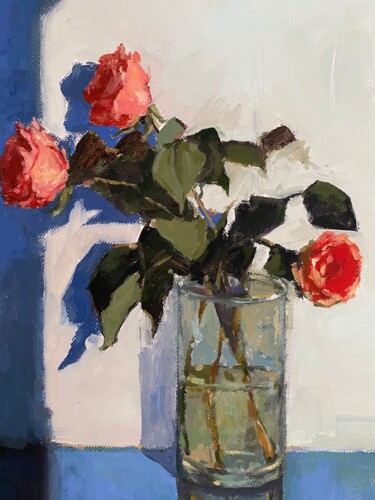 「Glass, light, roses」というタイトルの絵画 Elena Bulatovaによって, オリジナルのアートワーク, オイル
