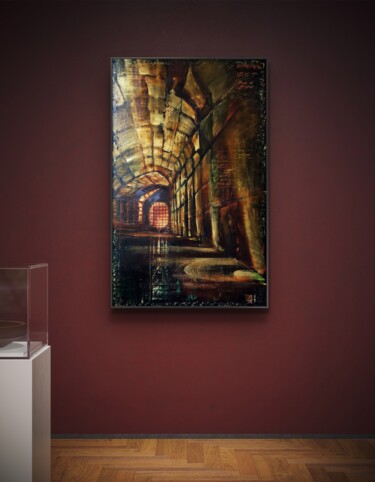Radiant Tunnel Light – Large Abstract Metallic Painting Schilderij getiteld "Radiant Tunnel Ligh…" door Aloosan, Origineel Kunstwerk, Olie Gemonteerd op Frame voor houten brancard