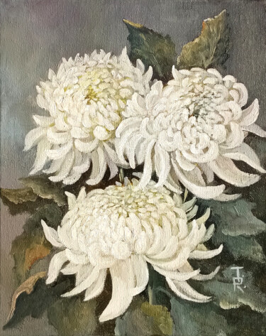 Chrysanthemum Flower Bouquet Still Life "Chrysanthemum Flowe…" başlıklı Tablo Tamara Rozinskay tarafından, Orijinal sanat, Petrol Ahşap Sedye çerçevesi üzerine mont…