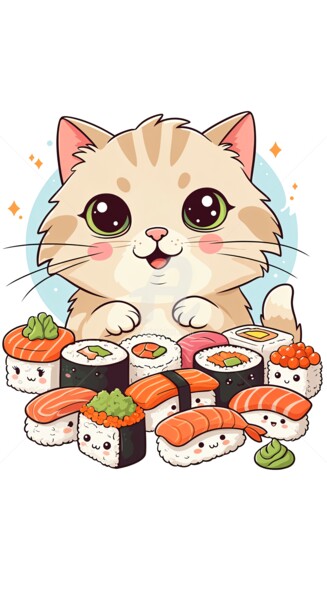 제목이 "Cute Cat with Sushi…"인 디지털 아트 Caprice로, 원작, AI 생성 이미지