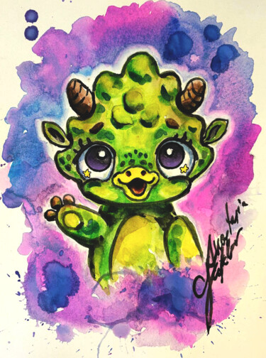 Chibi Dinosaur Original Art - Disney/Pixar Style Schilderij getiteld "Chibi Dinosaur Orig…" door Anastasia Kokler, Origineel Kunstwerk, Aquarel