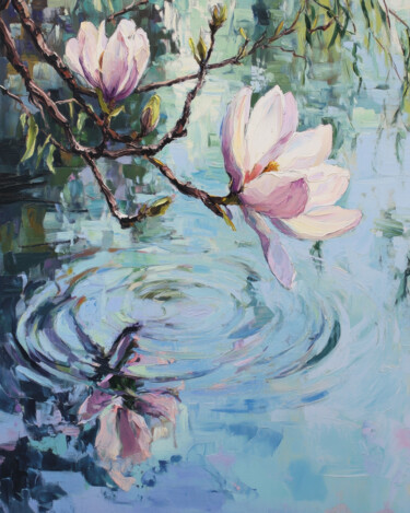 Textured Magnolia Reflections with Blossoms & Rippling Water Ζωγραφική με τίτλο "Textured Magnolia R…" από Tanya Ocean, Αυθεντικά έργα τέχνης, Λάδι
