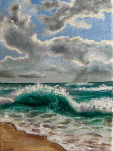 Painting titled "Blue beach" by Ayza, Original Artwork, Oil Mounted on Wood Stretcher frame
