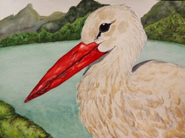 Painting titled "Stork" by Kateryna Bakumenko, Original Artwork, Watercolor Mounted on Cardboard