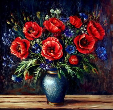 Bouquet of poppies and cornflowers 绘画 标题为“Bouquet of poppies…” 由Larisa Sidorova (Alsi), 原创艺术品, 油 安装在木质担架架上