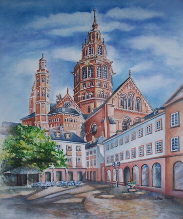 Painting titled "Mainzer Dom" by Olga Milova, Original Artwork, Watercolor Mounted on Cardboard