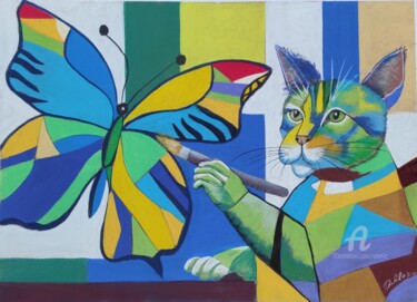 绘画 标题为“Chat artiste peintre” 由Claudette Allosio, 原创艺术品, 粉彩