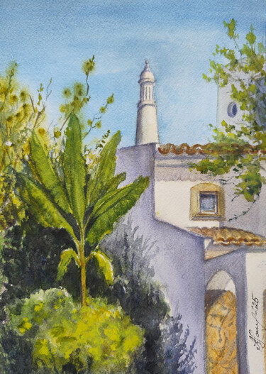 A cozy corner with a typical chimney of the Algarve Painting titled "A cozy corner with…" by Hanna Samoilenko, Original Artwork, Watercolor