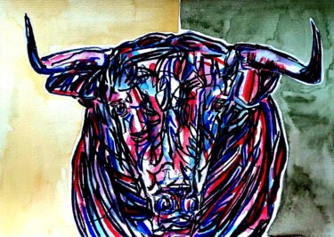 Painting titled "Stier Mixed Media" by Anne Goldhahn, Original Artwork, Watercolor