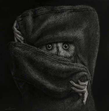Картина под названием "Owl" - Angelika Lomako, Подлинное произведение искусства, Древесный уголь