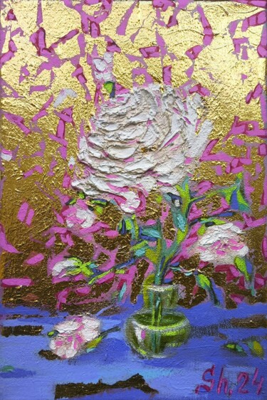 Rose Flower Original Gold Floral Impasto Abstrac White Rose Pittura intitolato "Rose Flower Origina…" da Svetlana Sindere, Opera d'arte originale, Olio Montato su Telaio per barella in…