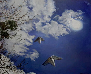 Painting titled "Walk under the moon" by Anatoly Varvarov, Original Artwork, Oil Mounted on Wood Stretcher frame