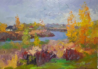 Schilderij getiteld "Autumn colors" door Boris Serdyuk, Origineel Kunstwerk, Olie Gemonteerd op Frame voor houten brancard