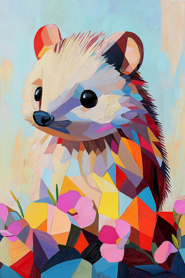 Colorful Cubism: Hedgehog & Flowers Arts numériques intitulée "Colorful Cubism: He…" par Anna Burger, Œuvre d'art originale, Peinture numérique