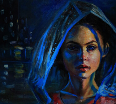 Painting titled "Through the Rain" by Olga Sunchali, Original Artwork, Oil Mounted on Wood Stretcher frame
