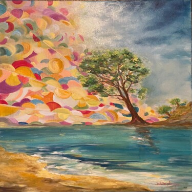 Painting titled "L étang du Sud" by Christine Desplanque, Original Artwork, Oil Mounted on Wood Stretcher frame