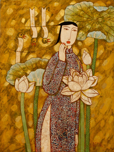 Girl with lotus and birds in sunny afternoon "Girl with lotus and…" başlıklı Tablo Du Bui Trong tarafından, Orijinal sanat, Lake Ahşap panel üzerine monte edilmiş