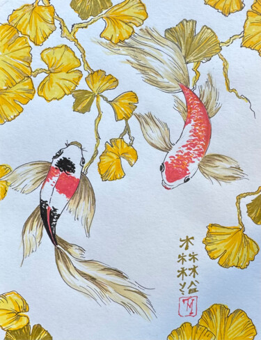 Koi fish with gingko leafs on white 绘画 标题为“Koi fish with gingk…” 由Joanna Misoteri, 原创艺术品, 丙烯 安装在其他刚性面板上