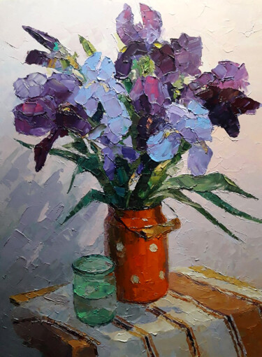 Schilderij getiteld "Irises" door Boris Serdyuk, Origineel Kunstwerk, Olie Gemonteerd op Frame voor houten brancard