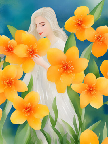 Flora Refined: Blonde Narcissus Blossoms Digital Arts με τίτλο "Flora Refined: Blon…" από Meahau, Αυθεντικά έργα τέχνης, Εικόνα που δημιουργήθηκε με AI