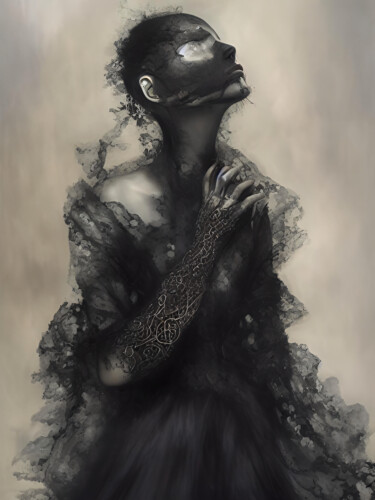 Digitale Kunst getiteld "Veil of Shadows" door Meahau, Origineel Kunstwerk, AI gegenereerde afbeelding
