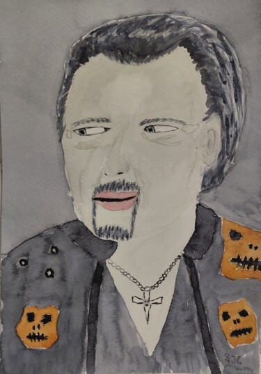 Schilderij getiteld "Johnny Hallyday" door Lourdes M, Origineel Kunstwerk, Aquarel