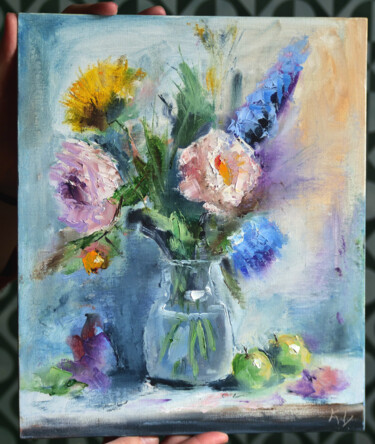 Colorful Wildflowers Vase – Roses Peony Cornflower Painting titled "Colorful Wildflower…" by Dr. Barmely, Original Artwork, Oil Mounted on Cardboard
