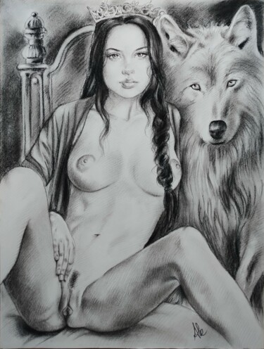 The queen of wolves Рисунок под названием "The queen of wolves" - Aleartdesignerstudio, Подлинное произведение искусства, Древесный уголь