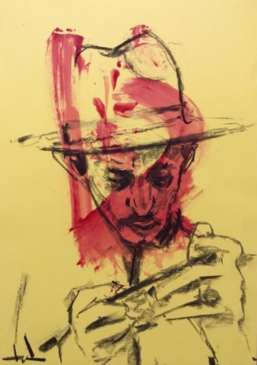 Tekening getiteld "On The Phone" door Dominique Dève, Origineel Kunstwerk, Houtskool