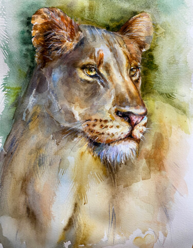 Portrait of a lioness in watercolor. 绘画 标题为“Portrait of a lione…” 由Elena Reutova, 原创艺术品, 水彩