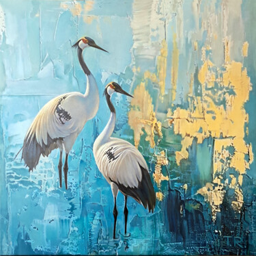 Painting titled "CRANES" by Tatiana Rezvaya, Original Artwork, Oil Mounted on Wood Stretcher frame