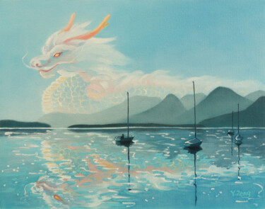 Pittura intitolato "Dragon in distance" da Yue Zeng, Opera d'arte originale, Olio Montato su Pannello di legno