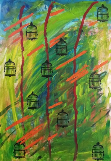 Schilderij getiteld "Les cages du destin" door All, Origineel Kunstwerk, Acryl Gemonteerd op Frame voor houten brancard