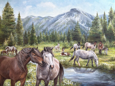 Картина под названием "Wild Horses (commis…" - Olia Tomkova, Подлинное произведение искусства, Акрил