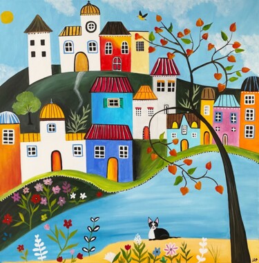 「Greek island」というタイトルの絵画 Maria Paschenによって, オリジナルのアートワーク, アクリル ウッドストレッチャーフレームにマウント