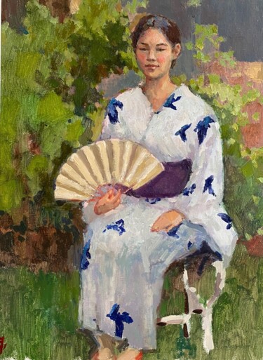 绘画 标题为“Japanese Girl with…” 由Elena Bulatova, 原创艺术品, 油 安装在纸板上