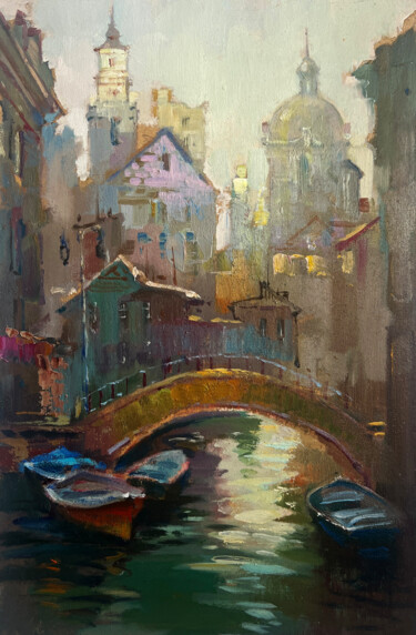 Painting titled "City on the rivers" by Yuriy Suprunchuk, Original Artwork, Oil Mounted on Cardboard
