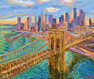 Brooklyn Bridge at Sunset NYC Ζωγραφική με τίτλο "Brooklyn Bridge at…" από Adriana Dziuba, Αυθεντικά έργα τέχνης, Ακρυλικό Τοποθετήθηκε στο Ξύλινο φορείο…