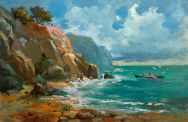 Sailing to the shore on a boat "Sailing to the shor…" başlıklı Tablo Yuriy Suprunchuk tarafından, Orijinal sanat, Petrol Karton üzerine monte edilmiş