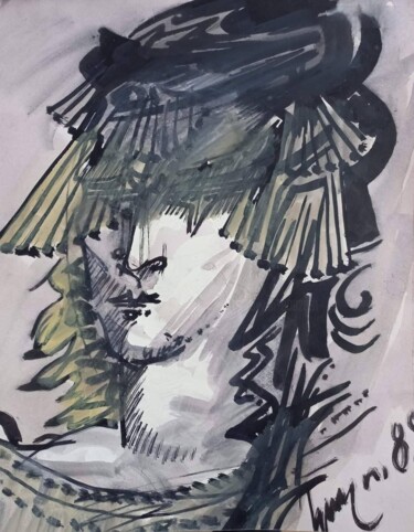 Tekening getiteld "Женский портрет" door Karlos Abovyan, Origineel Kunstwerk, Gouache