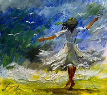 Schilderij getiteld "Freedom in Flight" door Vahe Bagumyan, Origineel Kunstwerk, Olie Gemonteerd op Frame voor houten branca…